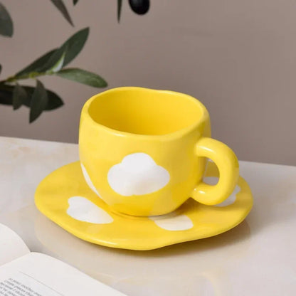 Japanese Hand Painted The Blue Sky and White Clouds Coffee Cup with Saucer Ceramic Handmade Tea Cup Saucer Set Cute Gift for Her