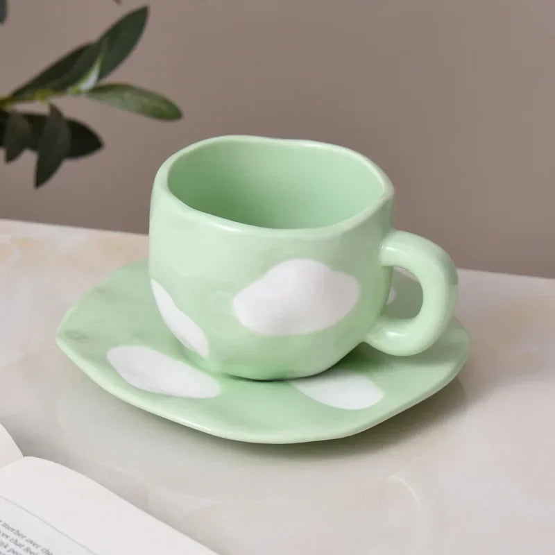 Japanese Hand Painted The Blue Sky and White Clouds Coffee Cup with Saucer Ceramic Handmade Tea Cup Saucer Set Cute Gift for Her
