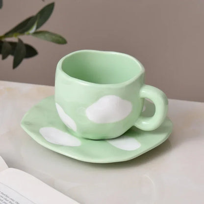 Japanese Hand Painted The Blue Sky and White Clouds Coffee Cup with Saucer Ceramic Handmade Tea Cup Saucer Set Cute Gift for Her