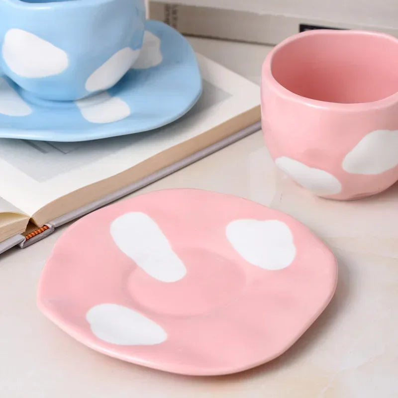 Japanese Hand Painted The Blue Sky and White Clouds Coffee Cup with Saucer Ceramic Handmade Tea Cup Saucer Set Cute Gift for Her