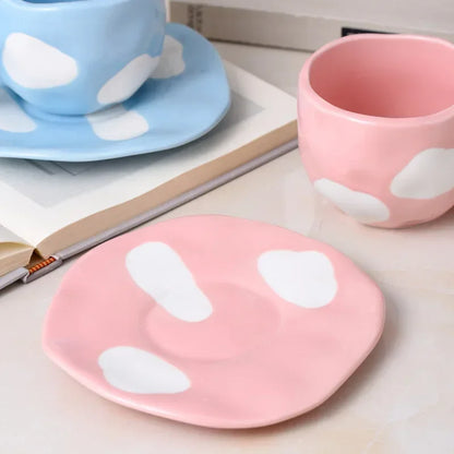 Japanese Hand Painted The Blue Sky and White Clouds Coffee Cup with Saucer Ceramic Handmade Tea Cup Saucer Set Cute Gift for Her
