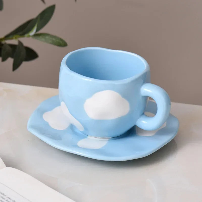 Japanese Hand Painted The Blue Sky and White Clouds Coffee Cup with Saucer Ceramic Handmade Tea Cup Saucer Set Cute Gift for Her