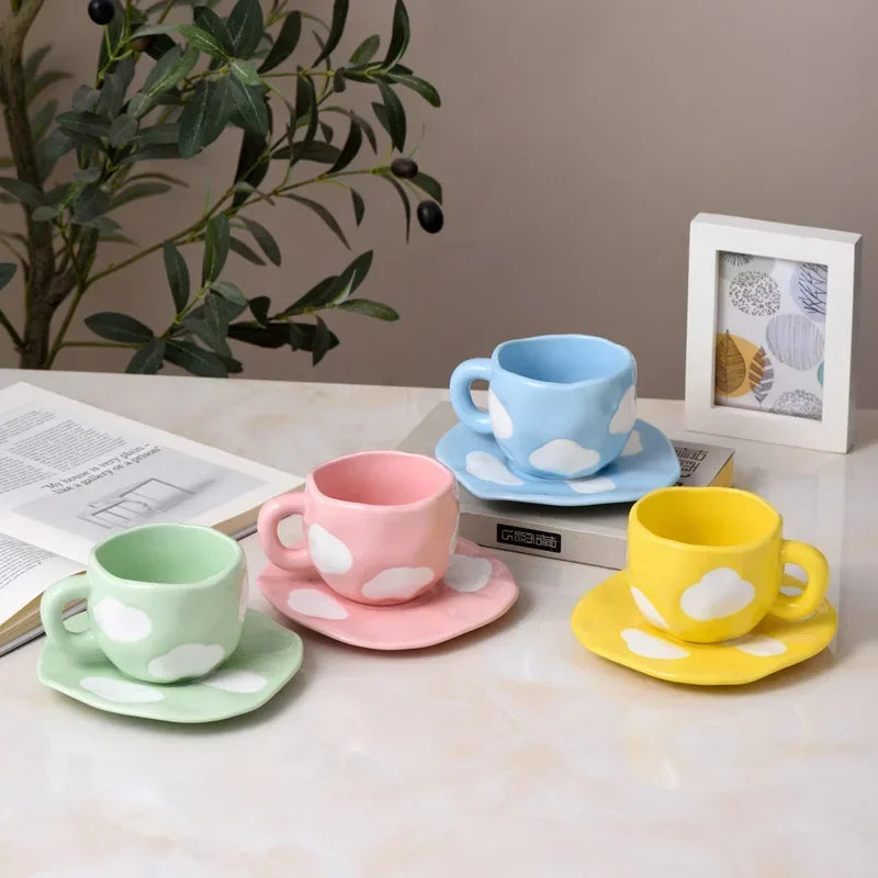 Japanese Hand Painted The Blue Sky and White Clouds Coffee Cup with Saucer Ceramic Handmade Tea Cup Saucer Set Cute Gift for Her