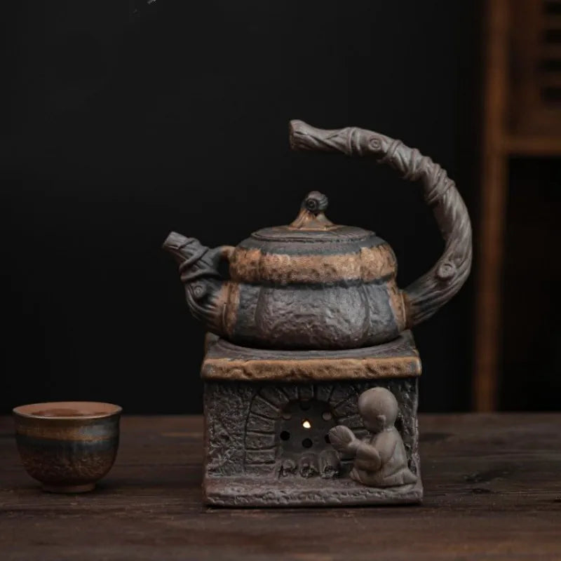 Japanese Handmade Stoneware Teapot Tea Pot Gilt Pumpkin Lifting Beam Pot Candle Warm Teapot Set Infuser Teaware Kitchen Dining