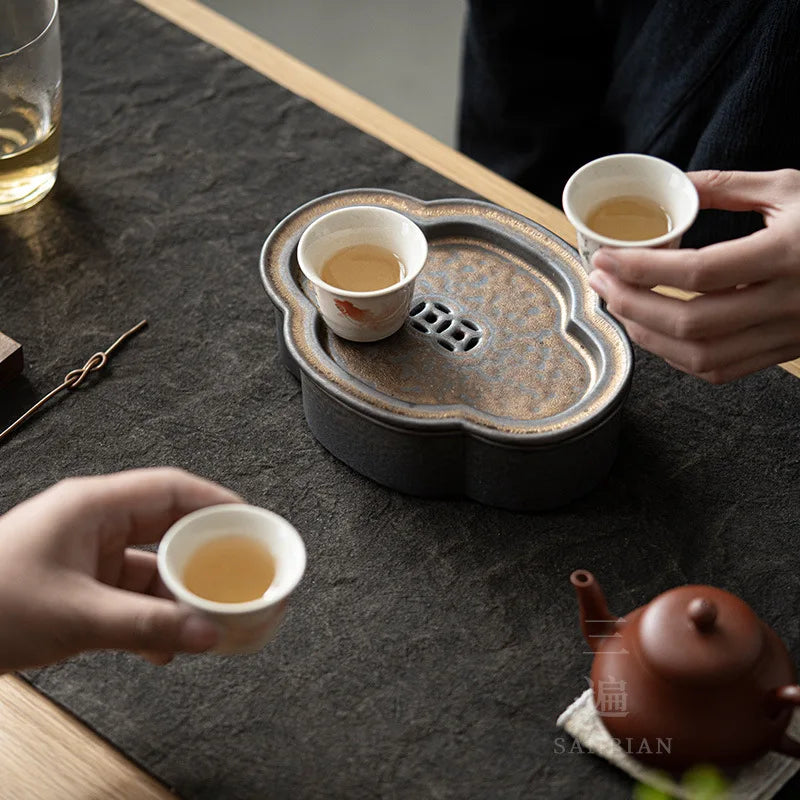 Japanese Household Ceramic Gilding Pot Tray Drain Teapot Platform Gupu Begonia Simple Small Size Water Storage Tea Tray Teapot