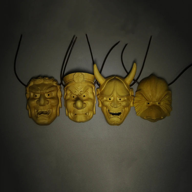Japanese Mask Prajna Tiangou Exorcism Necklace Pendant Boxwood Pure Manual Solid Wood Carving