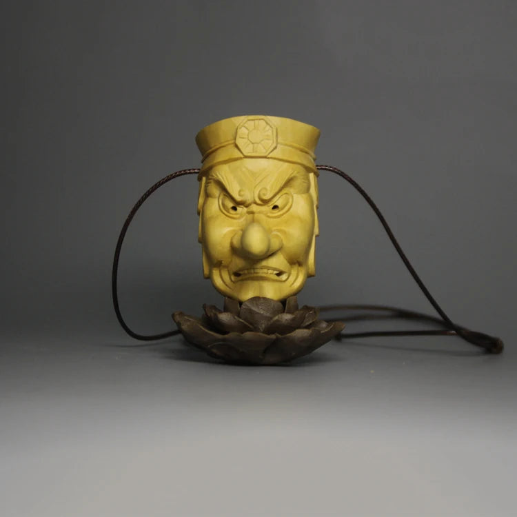 Japanese Mask Prajna Tiangou Exorcism Necklace Pendant Boxwood Pure Manual Solid Wood Carving