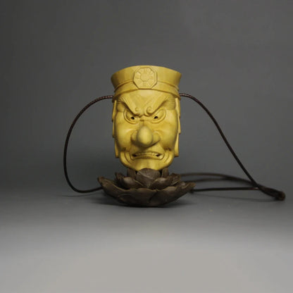 Japanese Mask Prajna Tiangou Exorcism Necklace Pendant Boxwood Pure Manual Solid Wood Carving