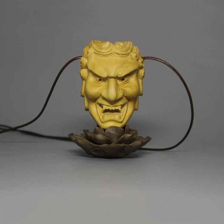 Japanese Mask Prajna Tiangou Exorcism Necklace Pendant Boxwood Pure Manual Solid Wood Carving