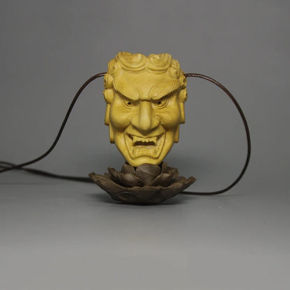 Japanese Mask Prajna Tiangou Exorcism Necklace Pendant Boxwood Pure Manual Solid Wood Carving