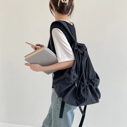 Japanese New Drawstring Backpack Women's Fashion High Capacity Casual Lightweight Nylon Student Backpack