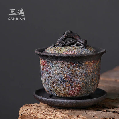 Japanese Rock Mine Plum Cover Teacup Firewood Handmade Gaiwan Single Tea Brewing Bowl Retro Stoneware Tea Set Supportable