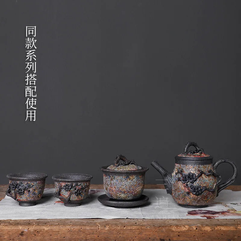 Japanese Rock Mine Plum Cover Teacup Firewood Handmade Gaiwan Single Tea Brewing Bowl Retro Stoneware Tea Set Supportable