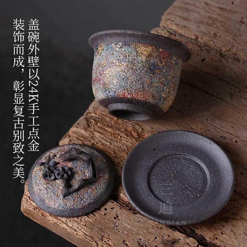 Japanese Rock Mine Plum Cover Teacup Firewood Handmade Gaiwan Single Tea Brewing Bowl Retro Stoneware Tea Set Supportable