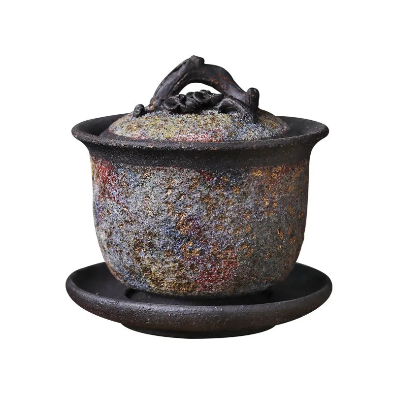 Japanese Rock Mine Plum Cover Teacup Firewood Handmade Gaiwan Single Tea Brewing Bowl Retro Stoneware Tea Set Supportable
