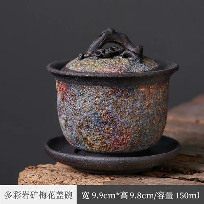 Japanese Rock Mine Plum Cover Teacup Firewood Handmade Gaiwan Single Tea Brewing Bowl Retro Stoneware Tea Set Supportable