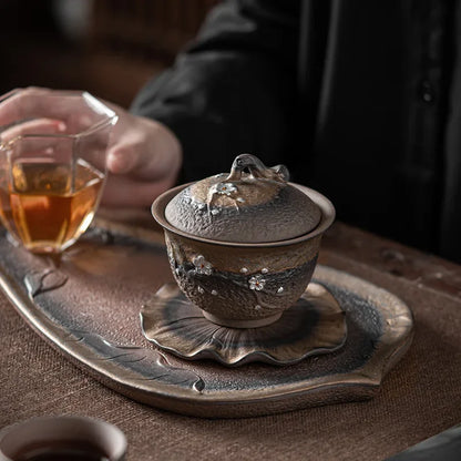 Japanese Sancai Tea Tureen with Retro Design Ceramic Teaware Set Handcrafted Coarse Pottery Gaiwan Kungfu Tea Bowl Cup