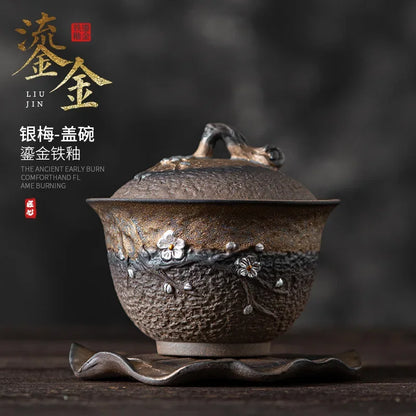 Japanese Sancai Tea Tureen with Retro Design Ceramic Teaware Set Handcrafted Coarse Pottery Gaiwan Kungfu Tea Bowl Cup
