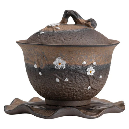 Japanese Sancai Tea Tureen with Retro Design Ceramic Teaware Set Handcrafted Coarse Pottery Gaiwan Kungfu Tea Bowl Cup