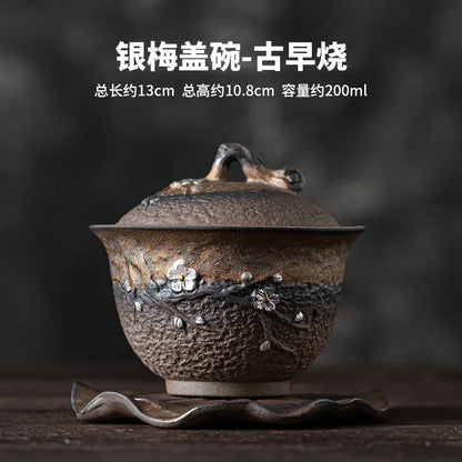 Japanese Sancai Tea Tureen with Retro Design and Handcrafted Coarse Pottery Gaiwan Tea Cup Bowl Ceramic Teaware Set