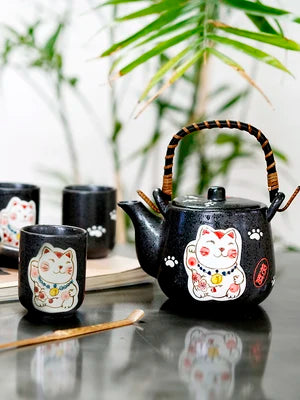 Japanese Style And Wind Ceramic Cute Lucky Cat Tea Set Cartoon Cat Kungfu Black Tea Teapot Set Hand-painted Stoneware Teaware