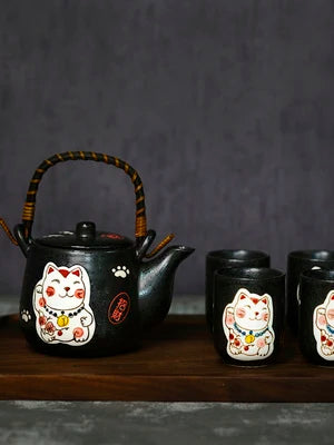 Japanese Style And Wind Ceramic Cute Lucky Cat Tea Set Cartoon Cat Kungfu Black Tea Teapot Set Hand-painted Stoneware Teaware