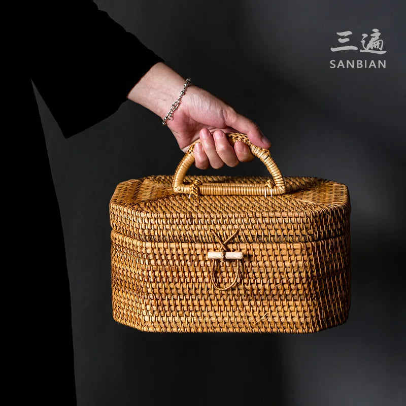 Japanese-Style Bamboo Woven Bag Rattan Storage Box Lifting Handle Portable Storage Box Tea Ceremony Utensils Tea Set Household