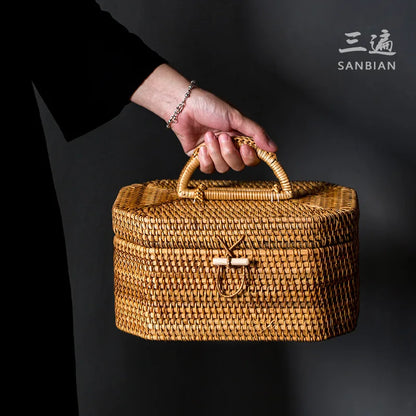 Japanese-Style Bamboo Woven Bag Rattan Storage Box Lifting Handle Portable Storage Box Tea Ceremony Utensils Tea Set Household