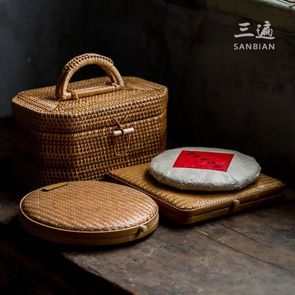 Japanese-Style Bamboo Woven Bag Rattan Storage Box Lifting Handle Portable Storage Box Tea Ceremony Utensils Tea Set Household