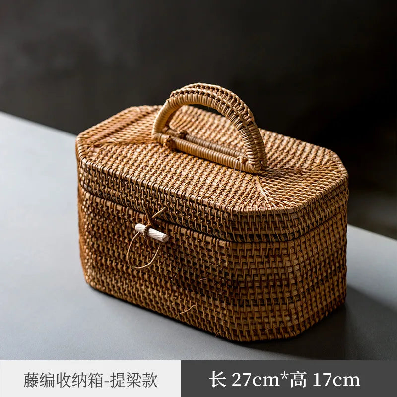 Japanese-Style Bamboo Woven Bag Rattan Storage Box Lifting Handle Portable Storage Box Tea Ceremony Utensils Tea Set Household