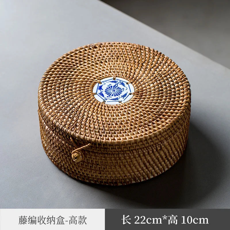 Japanese-Style Bamboo Woven Bag Rattan Storage Box Lifting Handle Portable Storage Box Tea Ceremony Utensils Tea Set Household