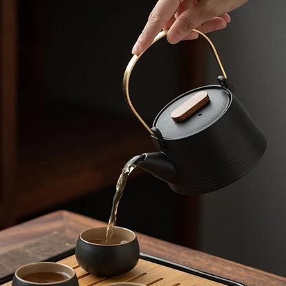 Japanese Style Black Pottery Handle Teapot Tea Set One Pot Four Cups With Bag Kungfu Home Tea Set Office Travel Teaware Gifts