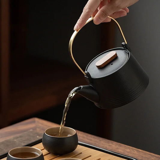 Japanese Style Black Pottery Handle Teapot Tea Set One Pot Four Cups With Bag Kungfu Home Tea Set Office Travel Teaware Gifts