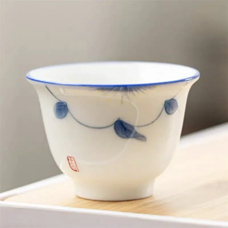 Japanese Style Ceramic Hand Painted Master Tea Cup Household Kung Fu Drinkware Tea Set White Porcelain Handmade Small Tea Bowl