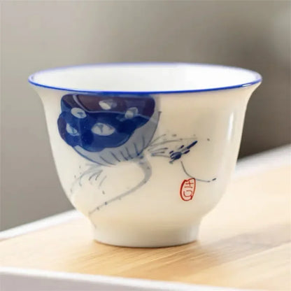 Japanese Style Ceramic Hand Painted Master Tea Cup Household Kung Fu Drinkware Tea Set White Porcelain Handmade Small Tea Bowl