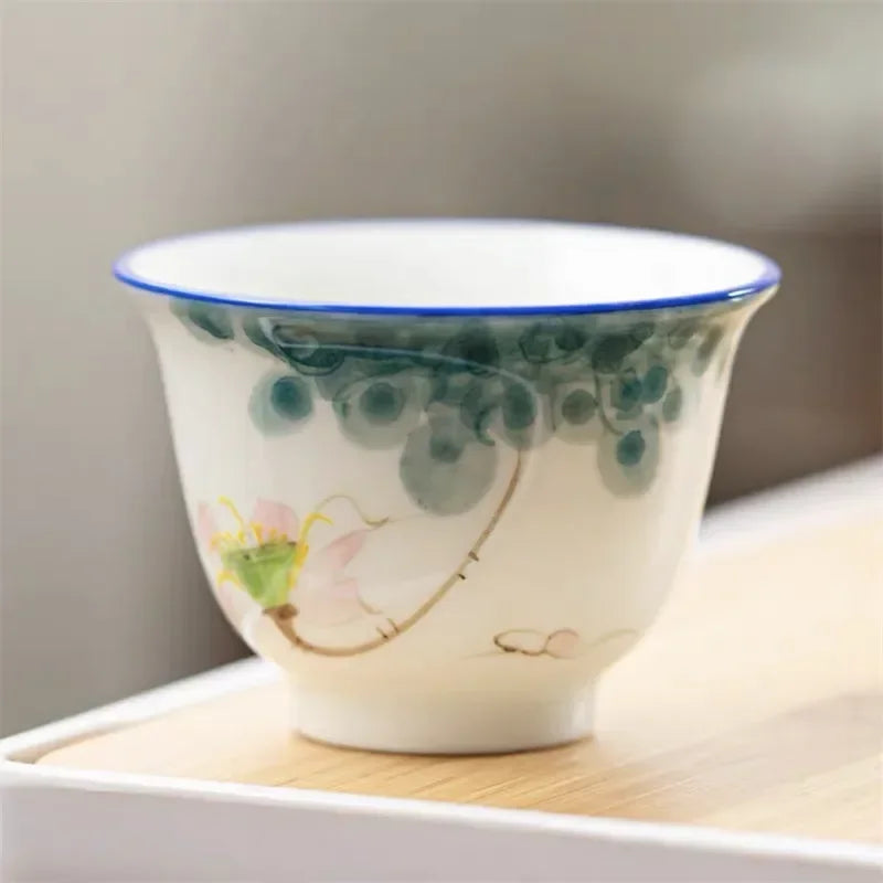 Japanese Style Ceramic Hand Painted Master Tea Cup Household Kung Fu Drinkware Tea Set White Porcelain Handmade Small Tea Bowl