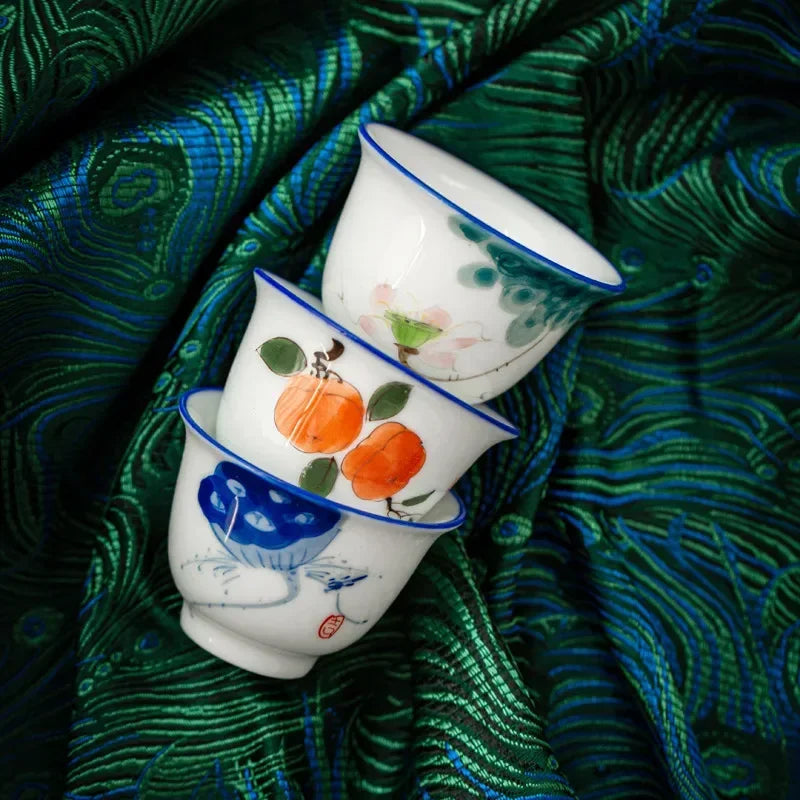 Japanese Style Ceramic Hand Painted Master Tea Cup Household Kung Fu Drinkware Tea Set White Porcelain Handmade Small Tea Bowl