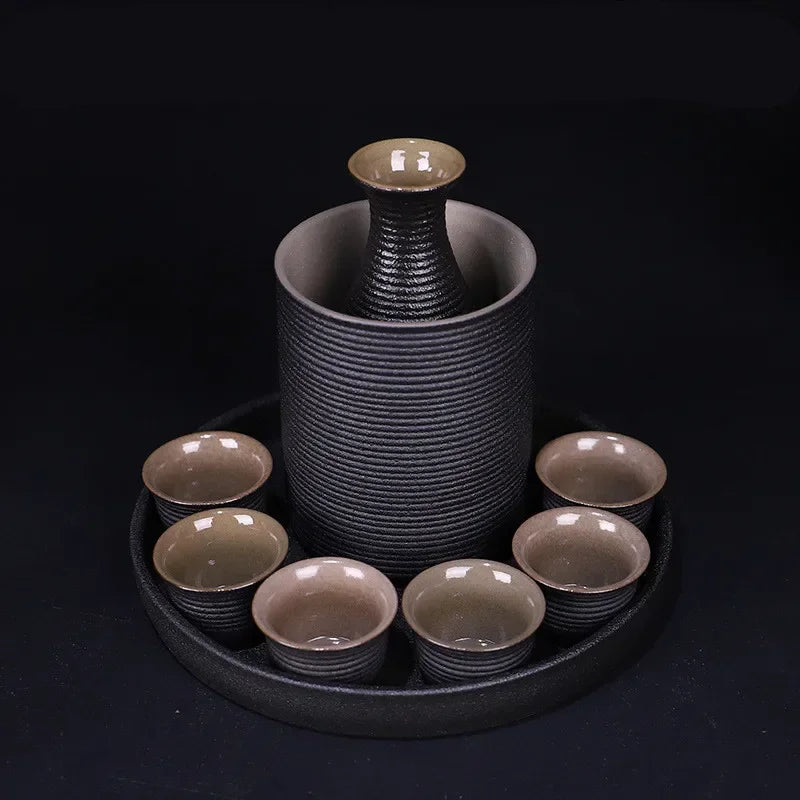 Japanese Style Ceramic Sake Pot Cup Set Black Pottery Liquor Wine Bottle Cups Tray