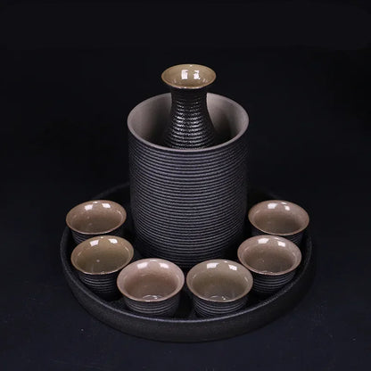 Japanese Style Ceramic Sake Pot Cup Set Black Pottery Liquor Wine Bottle Cups Tray