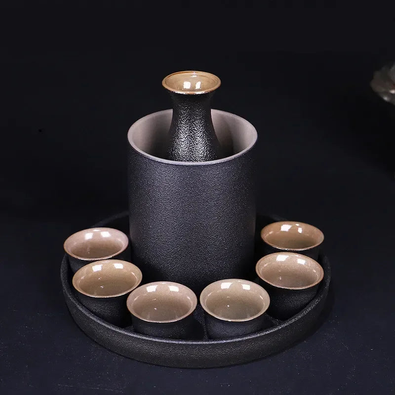 Japanese Style Ceramic Sake Pot Cup Set Black Pottery Liquor Wine Bottle Cups Tray