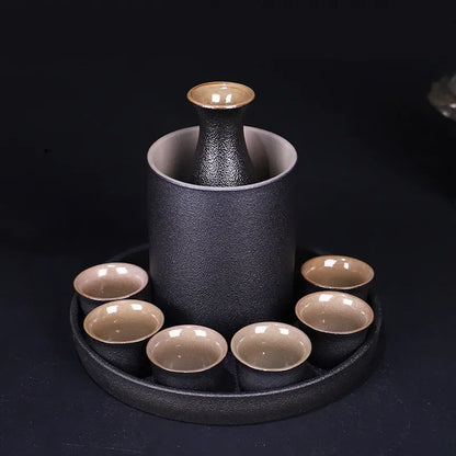 Japanese Style Ceramic Sake Pot Cup Set Black Pottery Liquor Wine Bottle Cups Tray