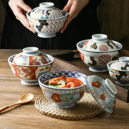 Japanese Style Ceramic Steamed Egg Stew Pot With Lid Large Rice Noodle Bowl Creative Fruit Salad Soup Bowl Kitchen Tableware
