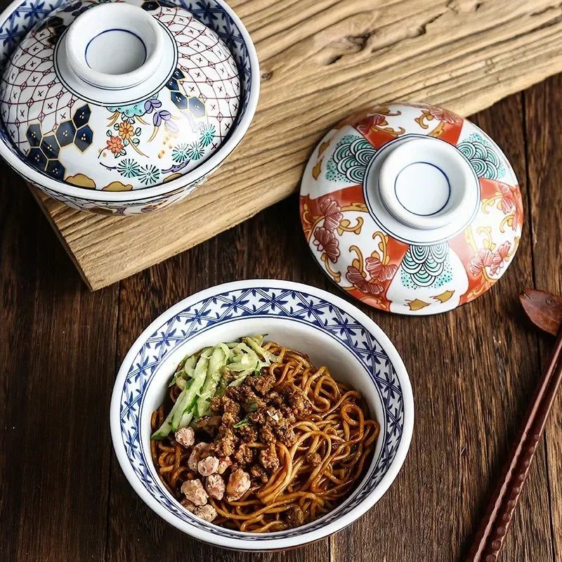 Japanese Style Ceramic Steamed Egg Stew Pot With Lid Large Rice Noodle Bowl Creative Fruit Salad Soup Bowl Kitchen Tableware
