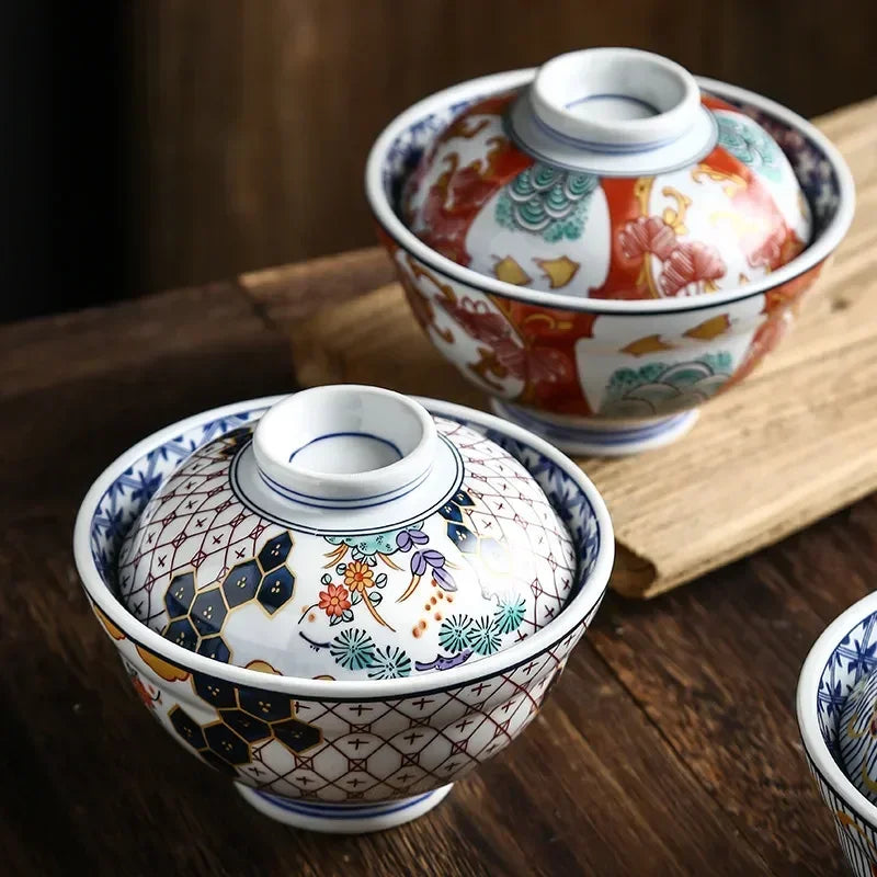 Japanese Style Ceramic Steamed Egg Stew Pot With Lid Large Rice Noodle Bowl Creative Fruit Salad Soup Bowl Kitchen Tableware