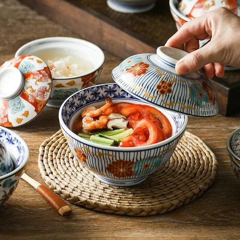Japanese Style Ceramic Steamed Egg Stew Pot With Lid Large Rice Noodle Bowl Creative Fruit Salad Soup Bowl Kitchen Tableware
