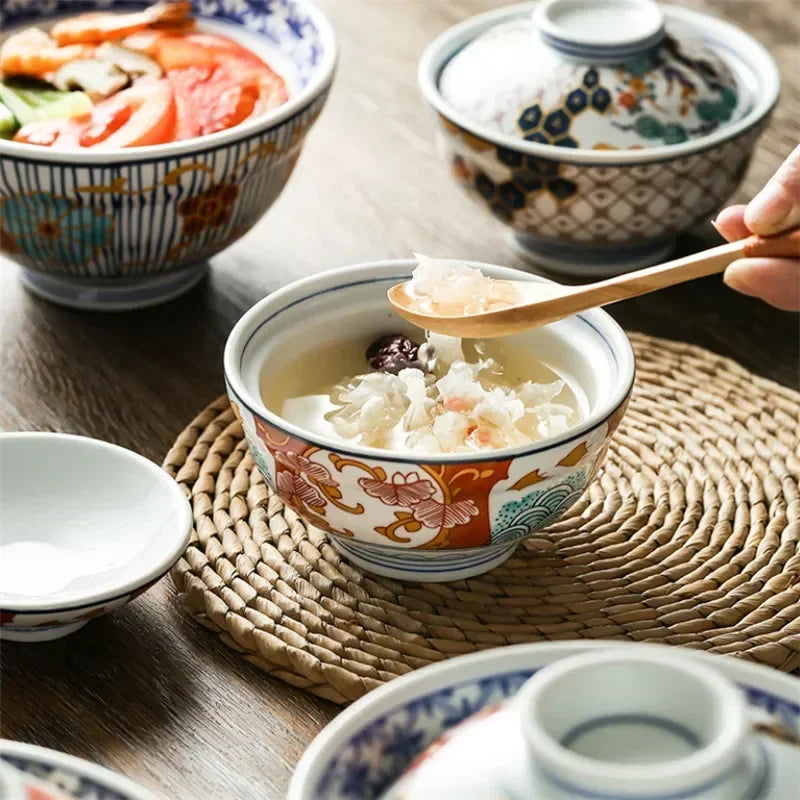 Japanese Style Ceramic Steamed Egg Stew Pot With Lid Large Rice Noodle Bowl Creative Fruit Salad Soup Bowl Kitchen Tableware