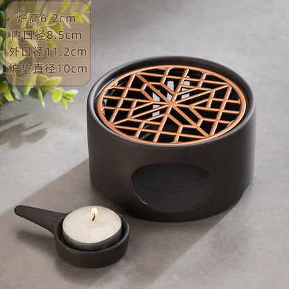 Japanese Style Ceramic Tea Warmer Candle Base Teapot Warmer Tealight Furnace with Candle Tray Coffee Heater Trivet Dish Heat Pot