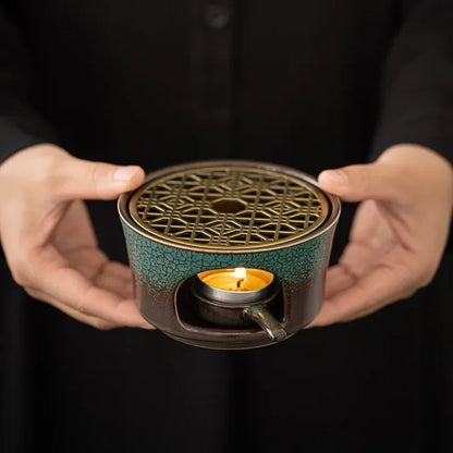 Japanese Style Ceramic Tea Warmer Candle Base Teapot Warmer Tealight Furnace with Candle Tray Coffee Heater Trivet Dish Heat Pot