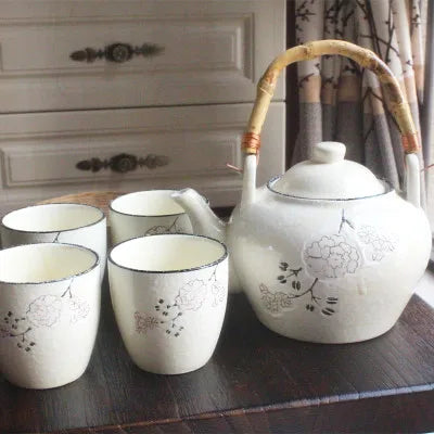Japanese Style Ceramic Teapot Home Kettle Glaze Color Hand-painted Teapot Bamboo Rattan Handle Pot With 4 Cups Teaware