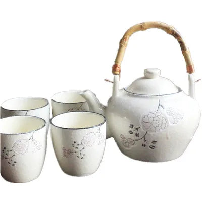 Japanese Style Ceramic Teapot Home Kettle Glaze Color Hand-painted Teapot Bamboo Rattan Handle Pot With 4 Cups Teaware
